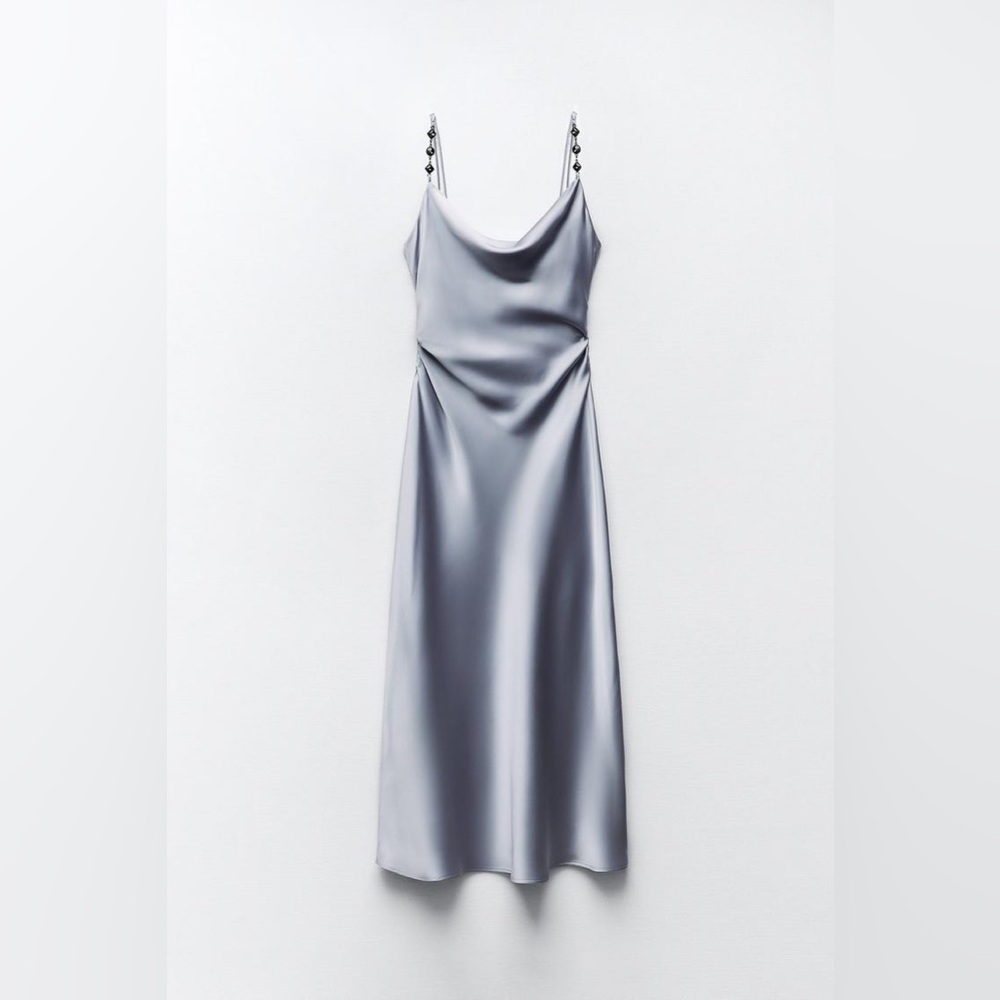 ๐(NWOT) ZARA Bloggers Fav Satin Cowl Neck Midi Dress w/ Rhinestone Straps. SMALL - Picture 6 of 12
